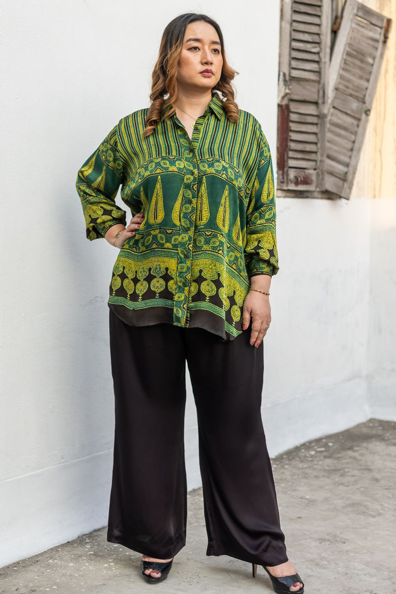 Hyde Green Stripes Hi-Low Shirt with Pants satin by PRAHNAAYA in green color for women Worldwide