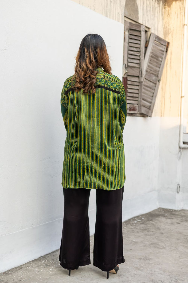 Hyde Green Stripes Hi-Low Shirt with Pants satin by PRAHNAAYA in green color for women Worldwide
