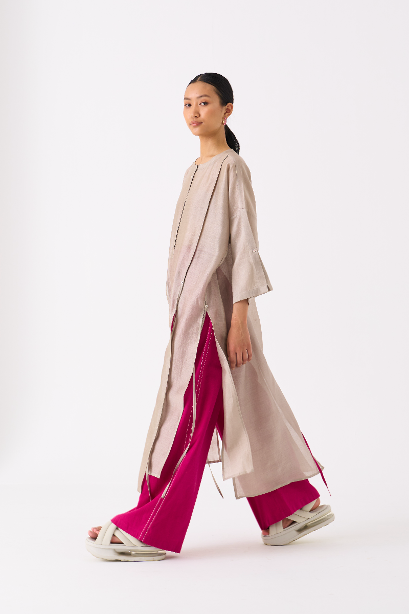 PANELLED TUNIC-ASH GREY chanderi by THREE in grey color for women Worldwide