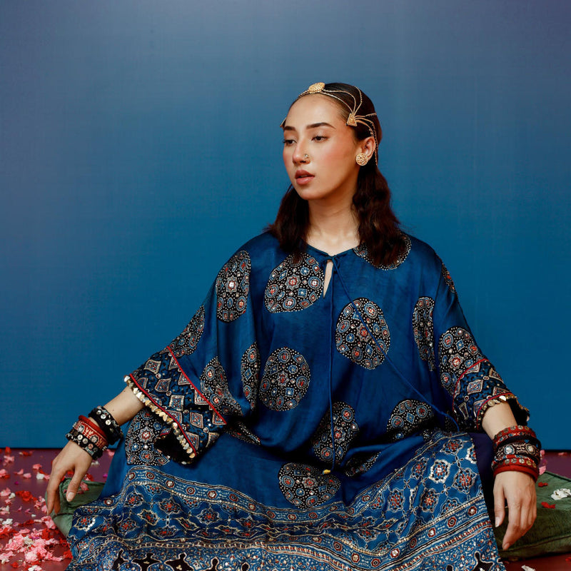 Veere Ajrakh Blue Kaftan Set satin by PRAHNAAYA in blue color for women Worldwide