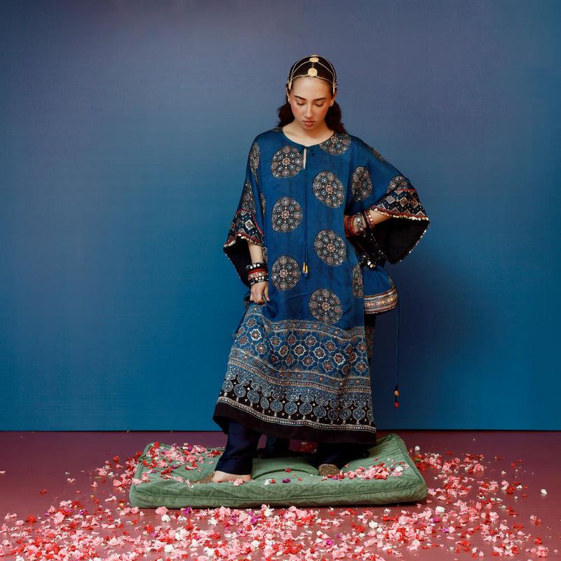 Veere Ajrakh Blue Kaftan Set satin by PRAHNAAYA in blue color for women Worldwide