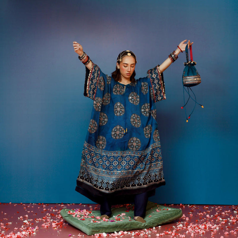 Veere Ajrakh Blue Kaftan Set satin by PRAHNAAYA in blue color for women Worldwide