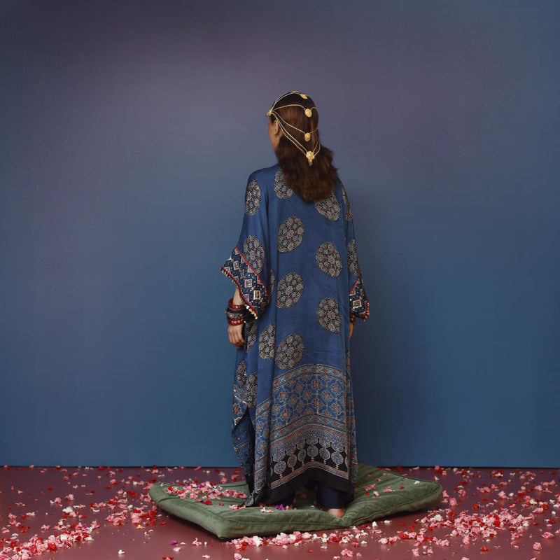 Veere Ajrakh Blue Kaftan Set satin by PRAHNAAYA in blue color for women Worldwide