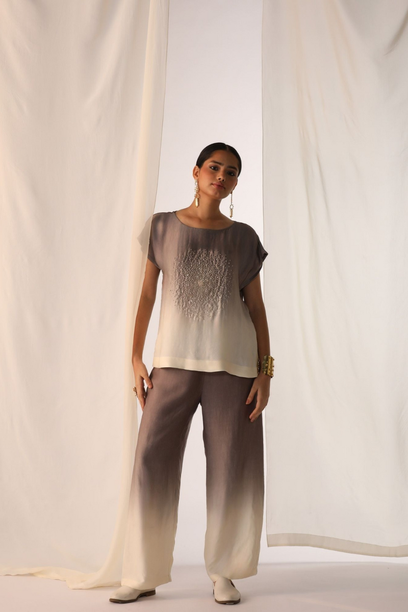 Linen satin ombre co-ord set with scatter hand work satin by Myoho in grey color for women Worldwide