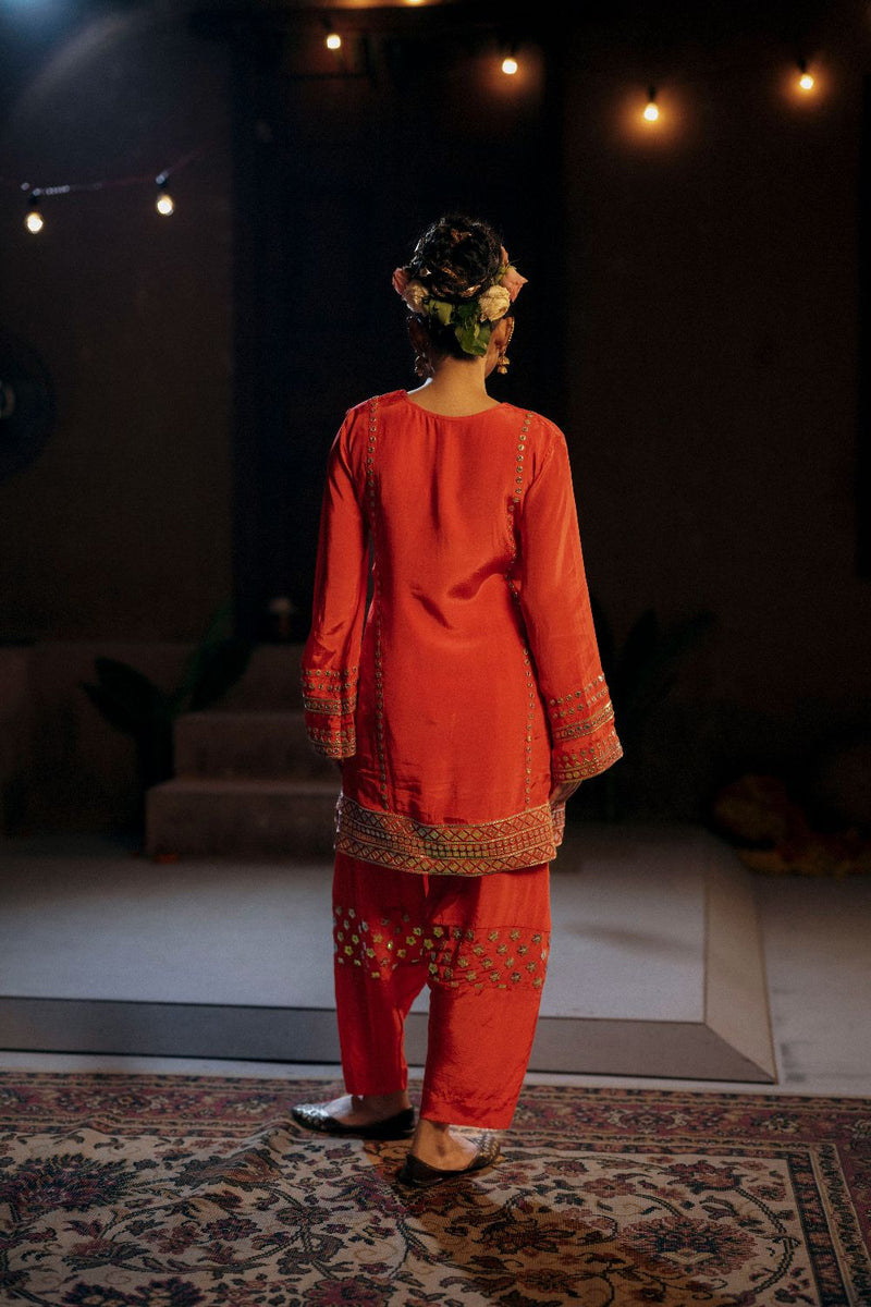 Ramani Phool Salwar Kameez Set- Red silk by PRAHNAAYA in red color for women Worldwide