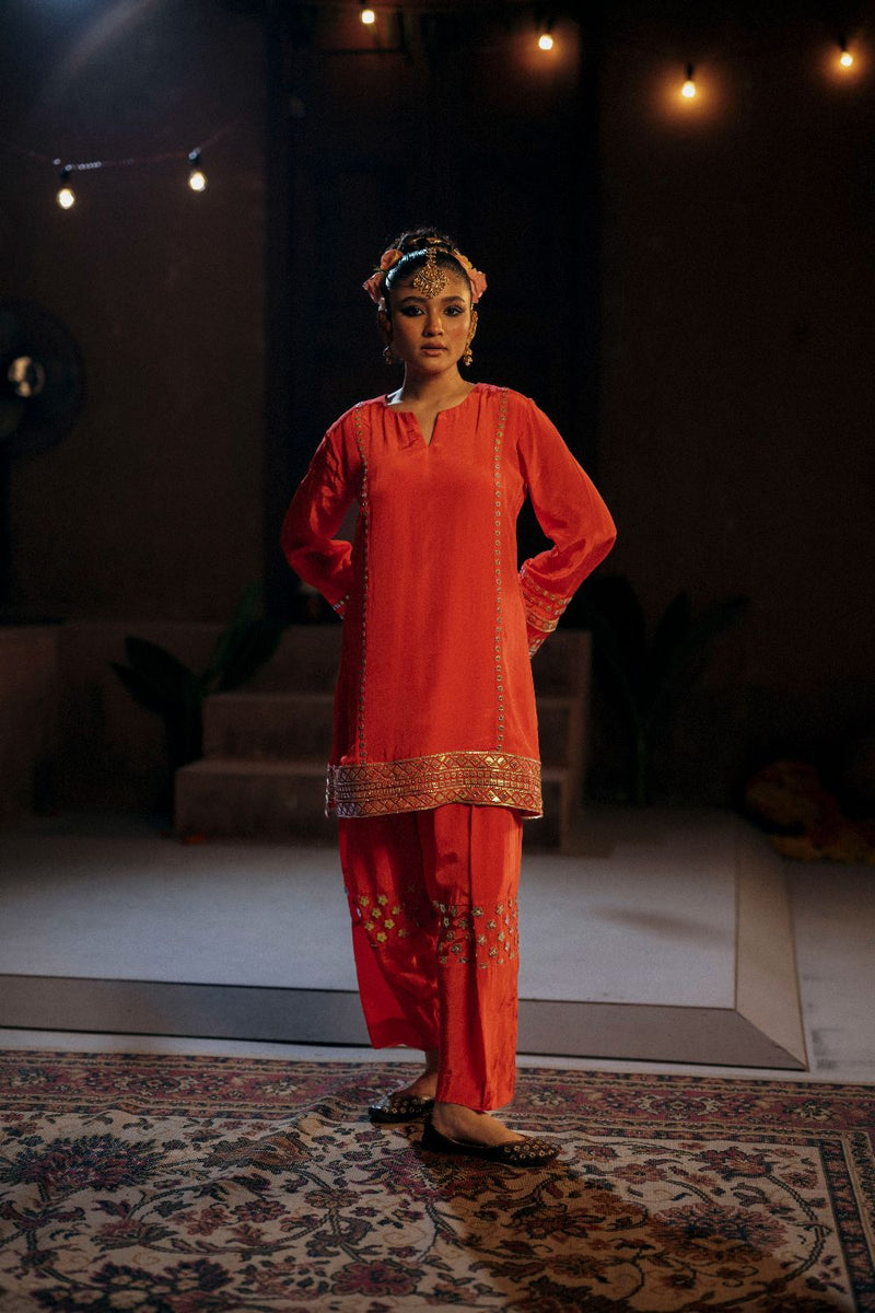 Ramani Phool Salwar Kameez Set- Red silk by PRAHNAAYA in red color for women Worldwide
