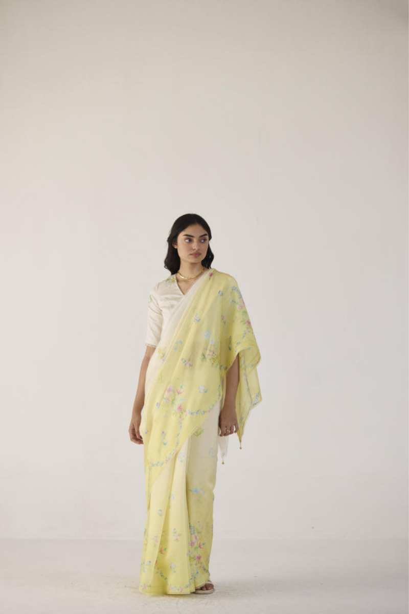 Clover Field Mulberry Organza Silk Sari-Yellow Ombre organza by Nadiya Paar in yellow color for women Worldwide