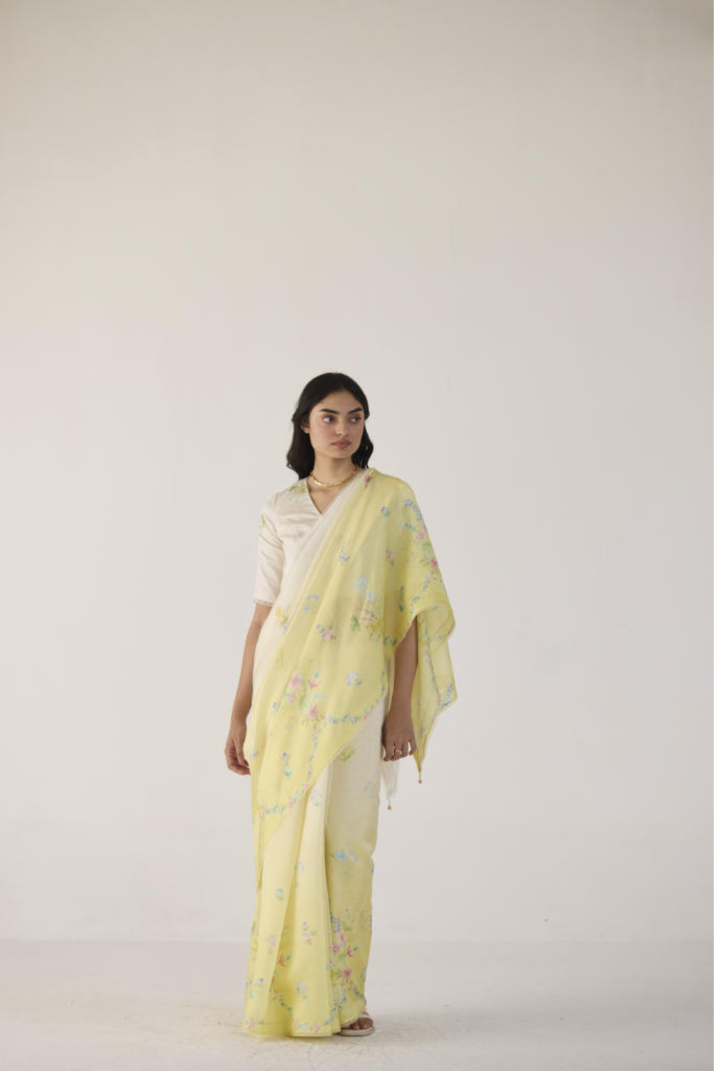 Clover Field Mulberry Organza Silk Sari-Yellow Ombre