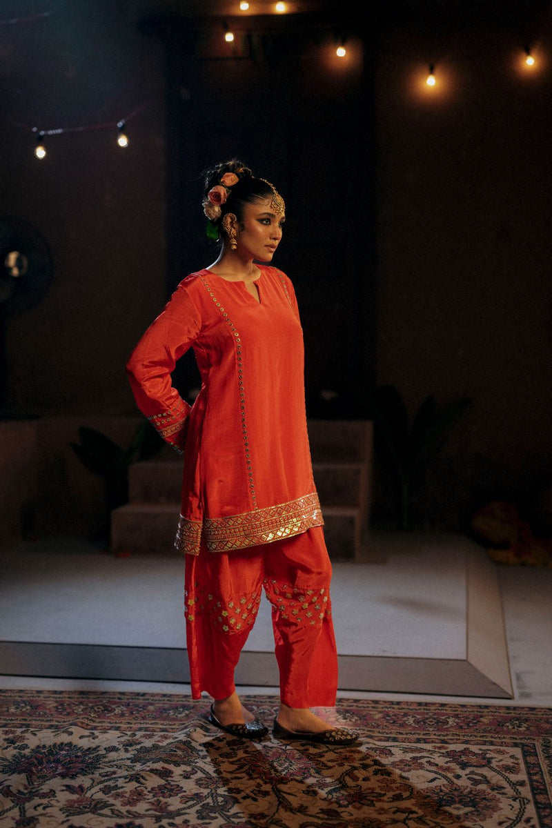 Ramani Phool Salwar Kameez Set- Red silk by PRAHNAAYA in red color for women Worldwide