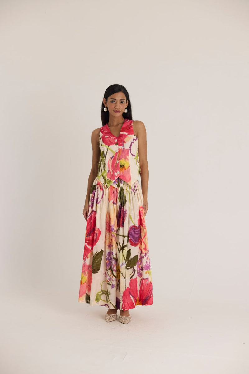 DOLLY WHITE WAISTCOAT & SKIRT SET cotton by Yam in multi color for women Worldwide