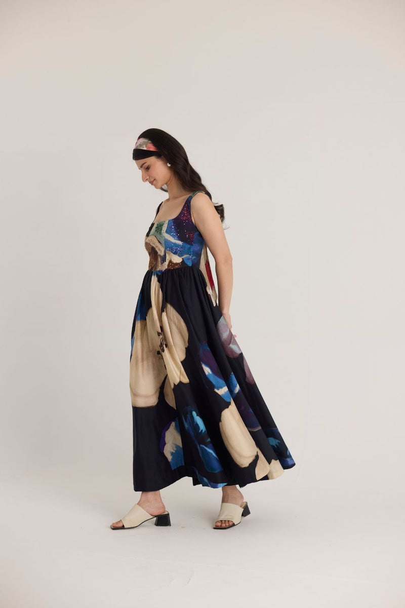 ROCCO EMBROIDERED DRESS satin by Yam in black color for women Worldwide