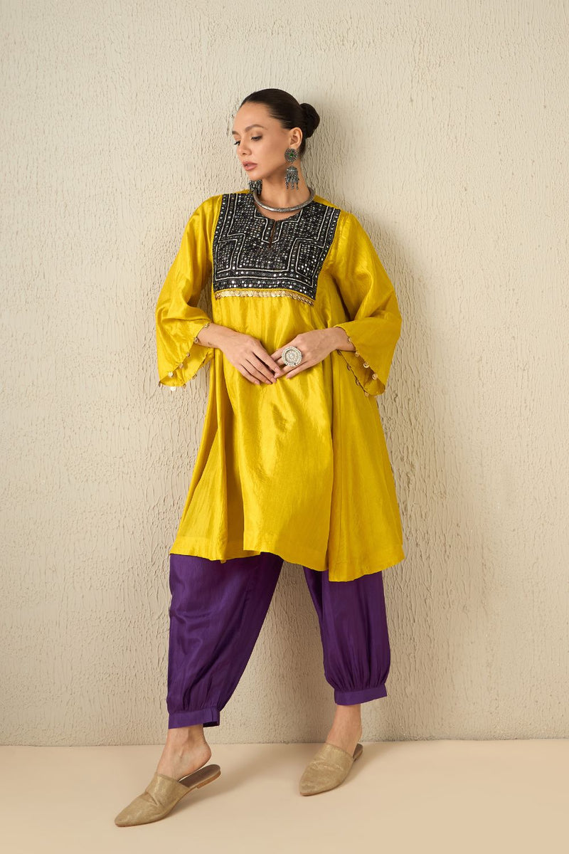 AFGHANI SILK SET - Yellow upper, Purple pants silk by Aavidi in yellow color for women Worldwide