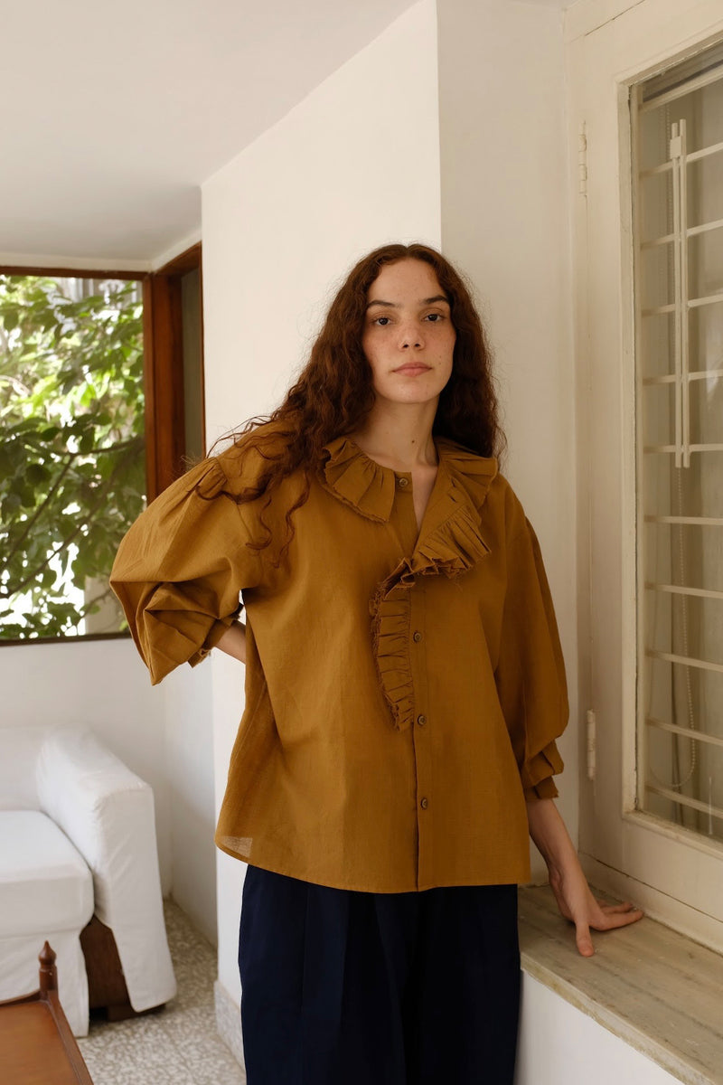 Charlotte-Gold Top handwoven cotton top/shirt by MASON AND MILL in mustard yellow for women Worldwide