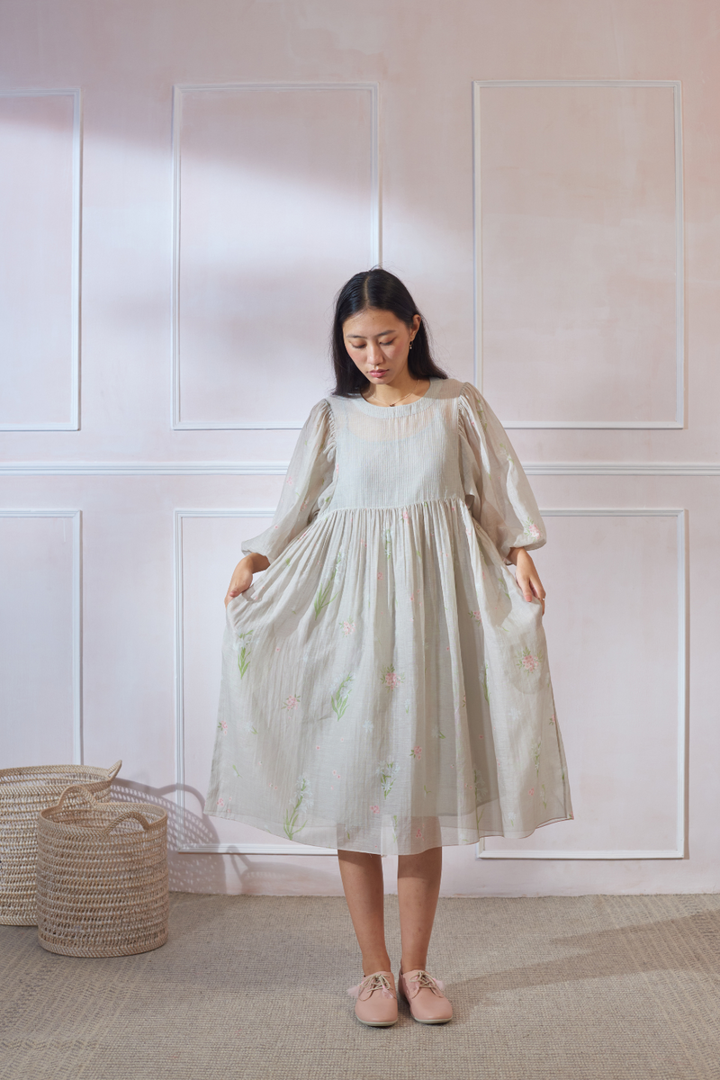 Rajnigandha June Dress silk by Nadiya Paar in beige color for women Worldwide
