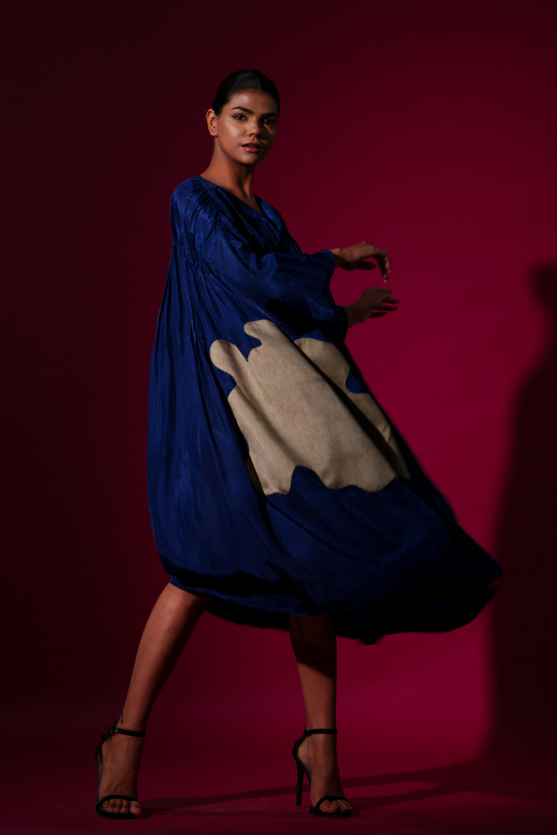 Rose Dress-Blue + Grey mysore silk dresses by Stoique in blue, grey for women Worldwide
