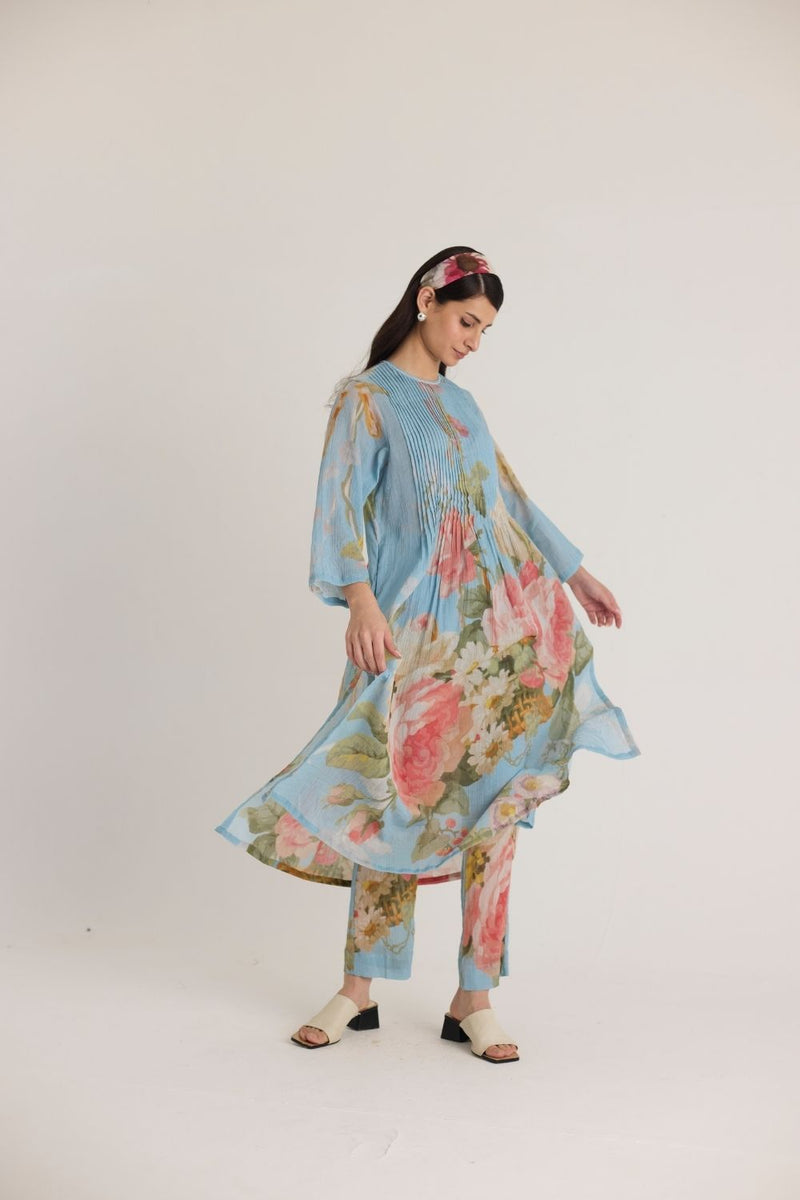 TAFFY PINTUCKS KURTA SET cotton by Yam in blue color for women Worldwide