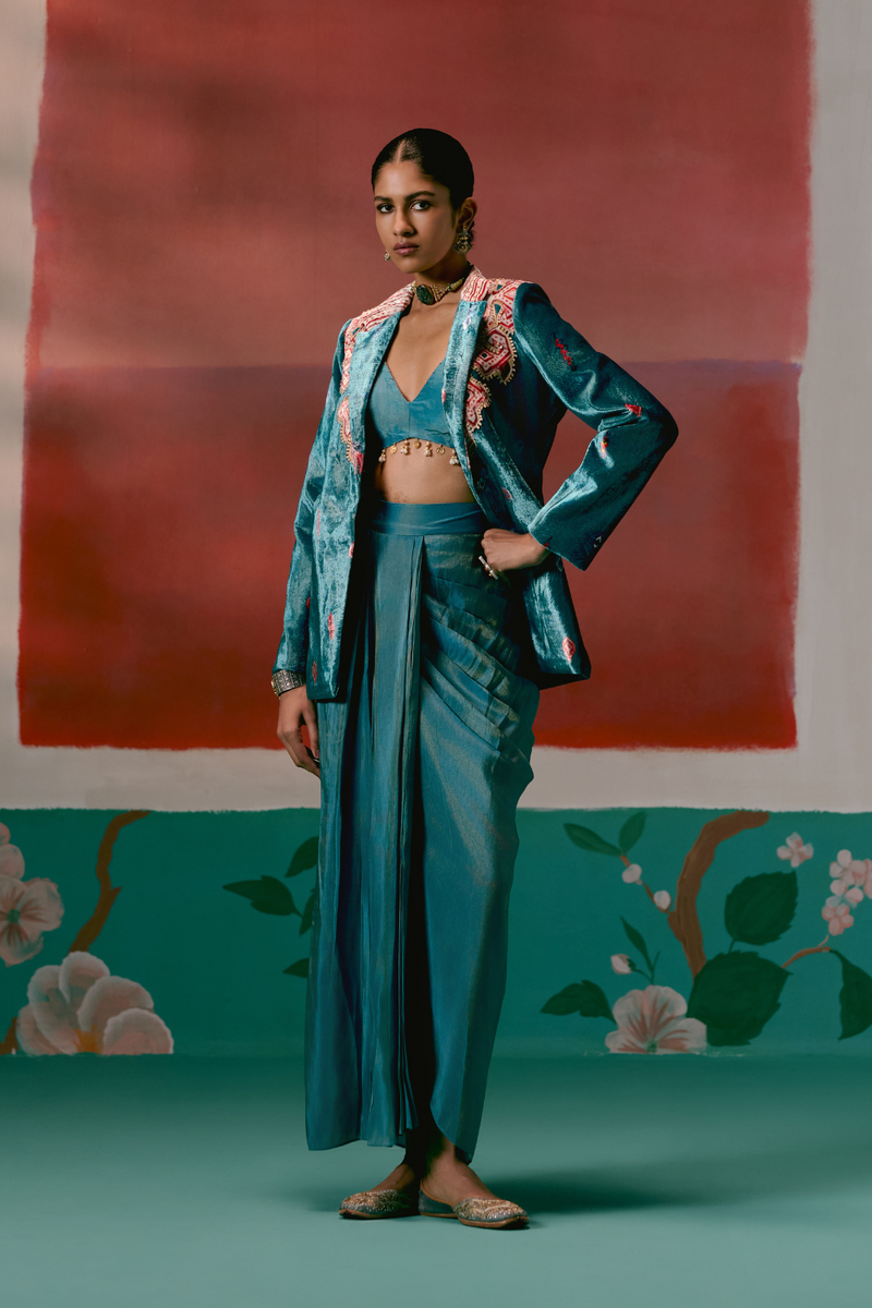 Teal Aztec Blazer Dhoti Set by Label Mogra in teal color for women Worldwide