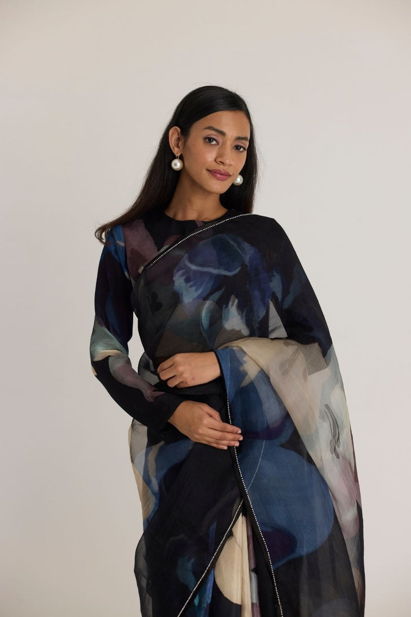 ROCCO HALF SILK & HALF ORGANZA SAREE organza by Yam in black color for women Worldwide
