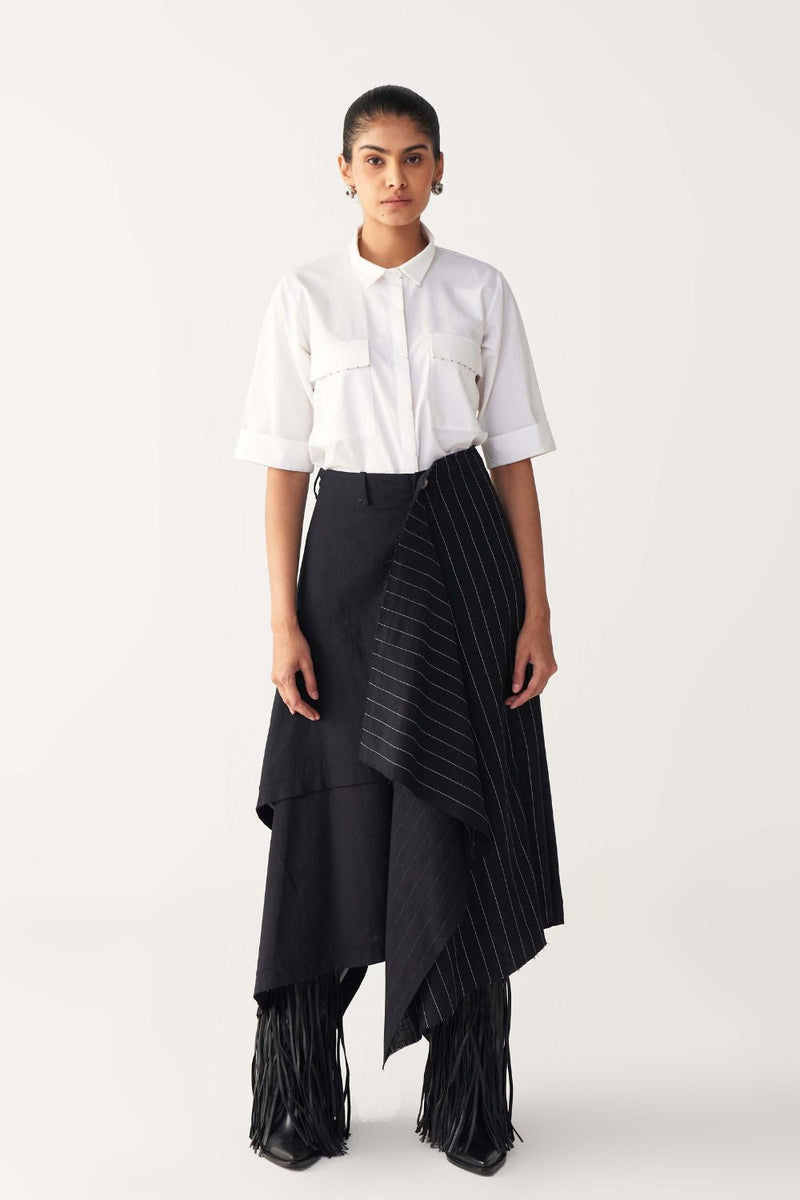 EMB. HANDKERCHIEF SKIRT CO-ORD-BLACK & WHITE poplin by THREE in black color for women Worldwide