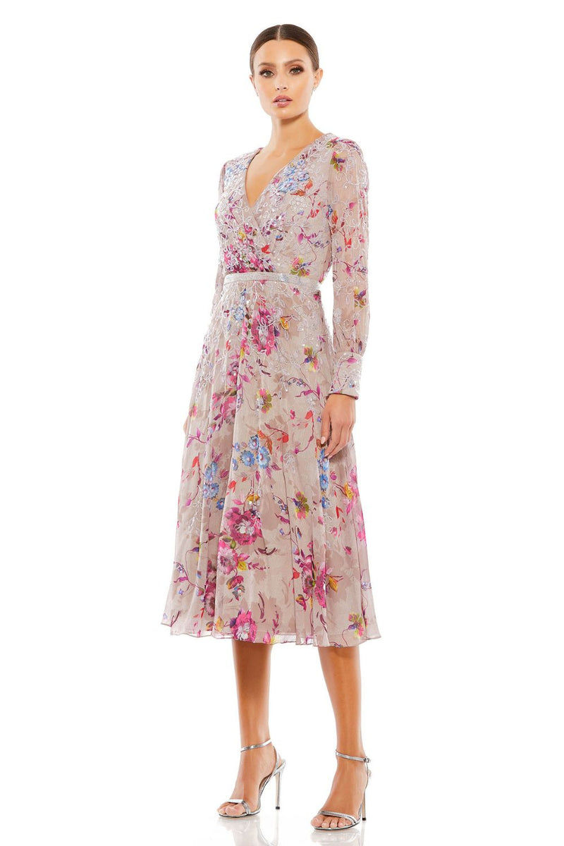 9147-Multicolor Hand Embellished Floral Long Sleeve Midi Dress mul by Mac Duggal in multi color for women Worldwide