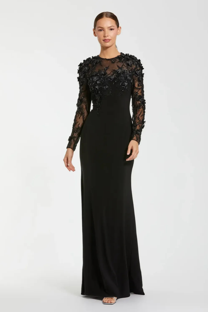 Black Long Sleeve Floral Embellished Column Gown by Mac Duggal in black color for women Worldwide