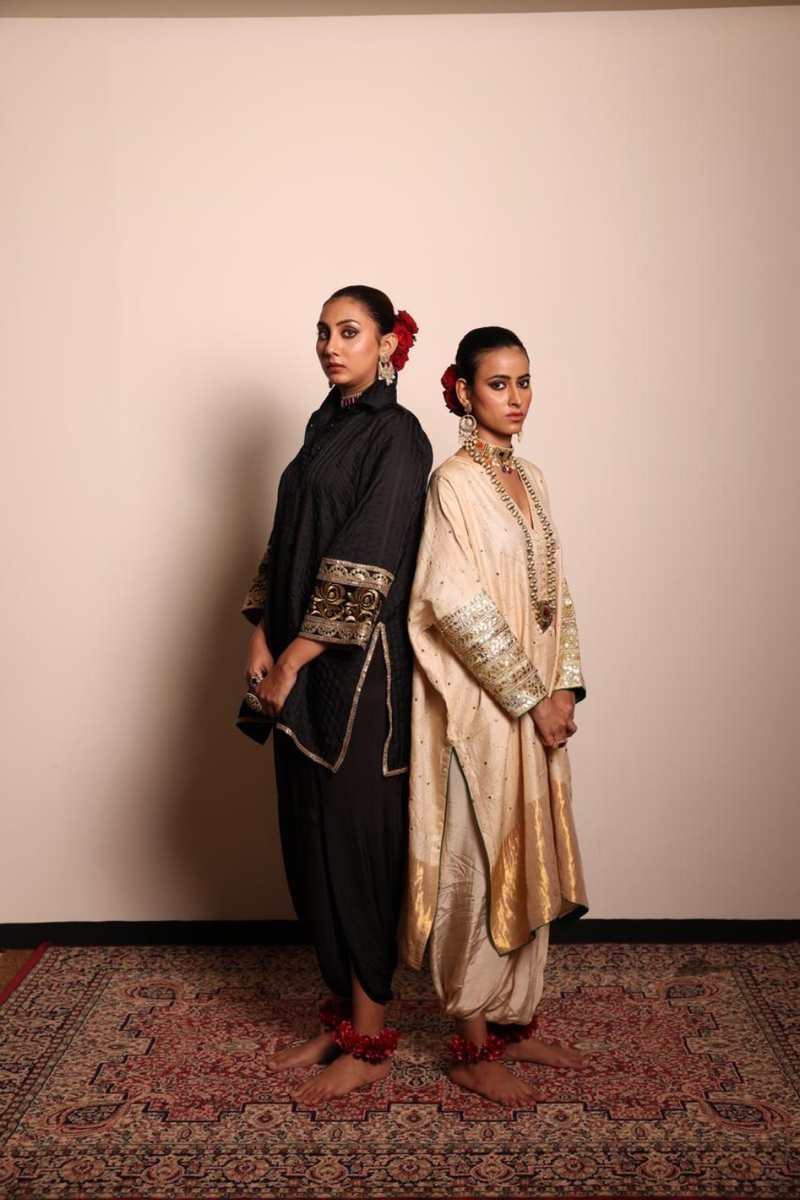 Black Silk Self Striped Shirt Dhoti Set silk by Sabo by Sabina for women Worldwide