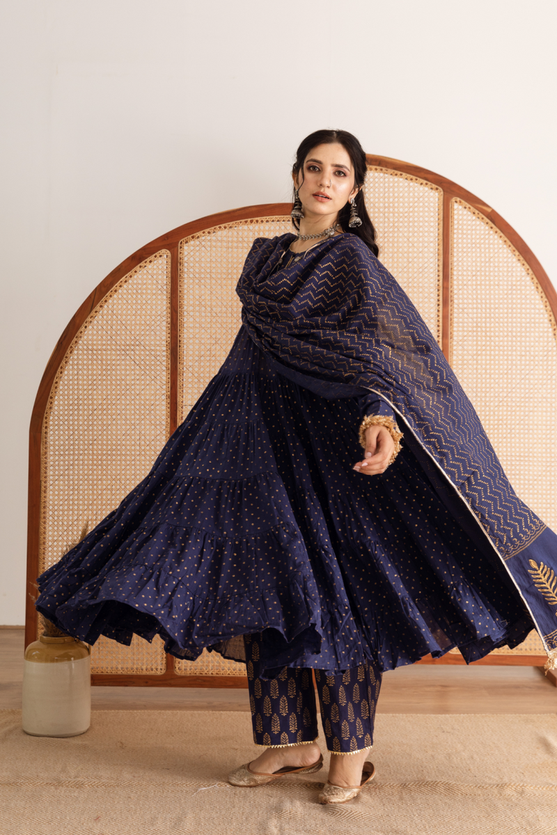 Neela Kurta Set - blue hand printed cotton kalidar suit set cotton by Maison Shefali in blue color for women Worldwide