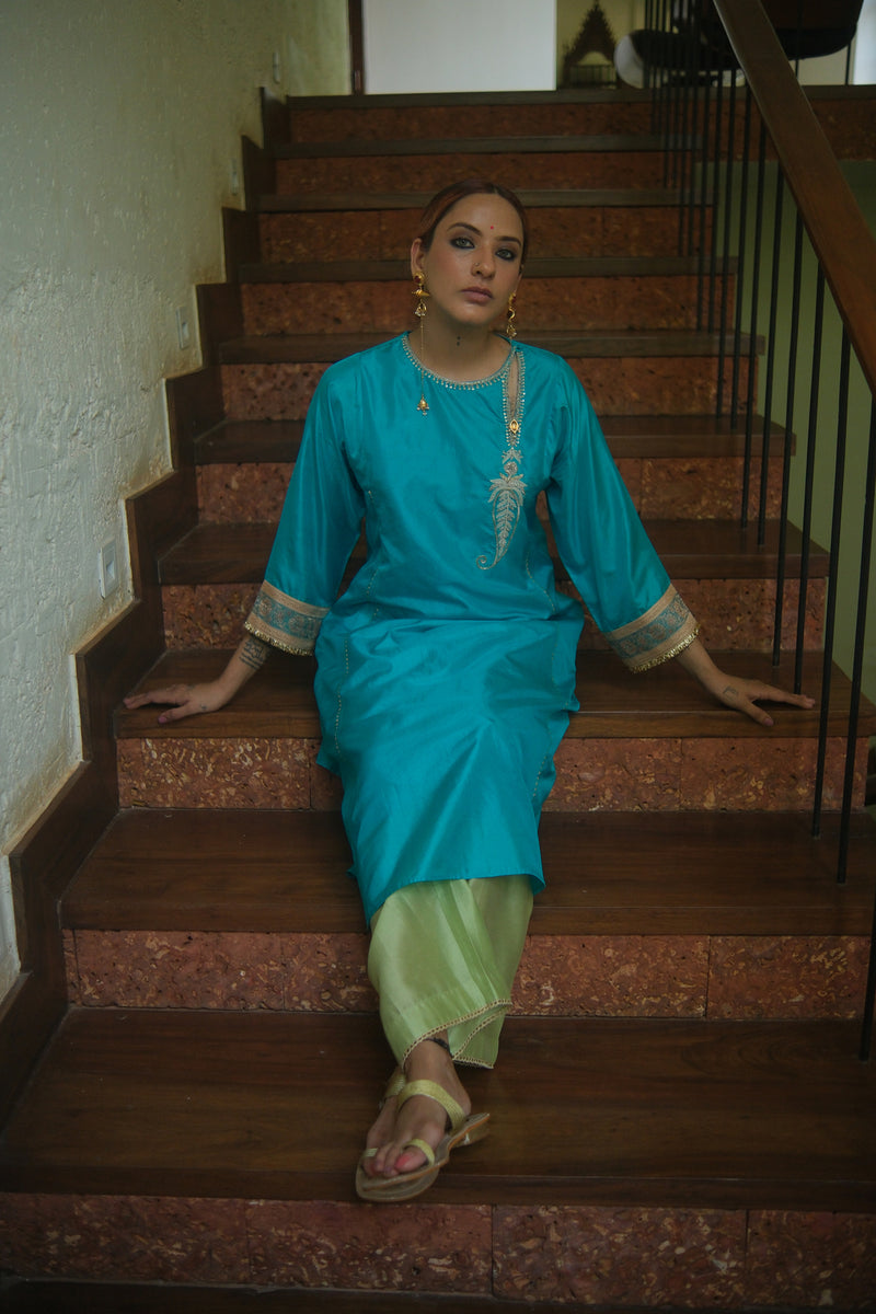 Barkha Kurta Set dupion silk kurta/kurta set by Myoho in blue for women Worldwide