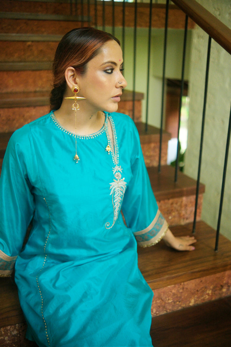 Barkha Kurta Set dupion silk kurta/kurta set by Myoho in blue for women Worldwide
