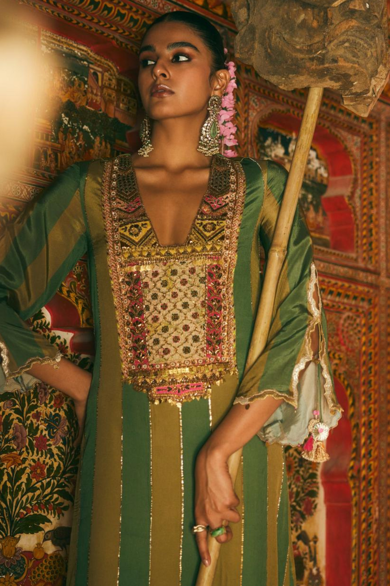 Khel Olive Green Yoke Embellished Kurta Set by Rajiramniq in green color for women Worldwide