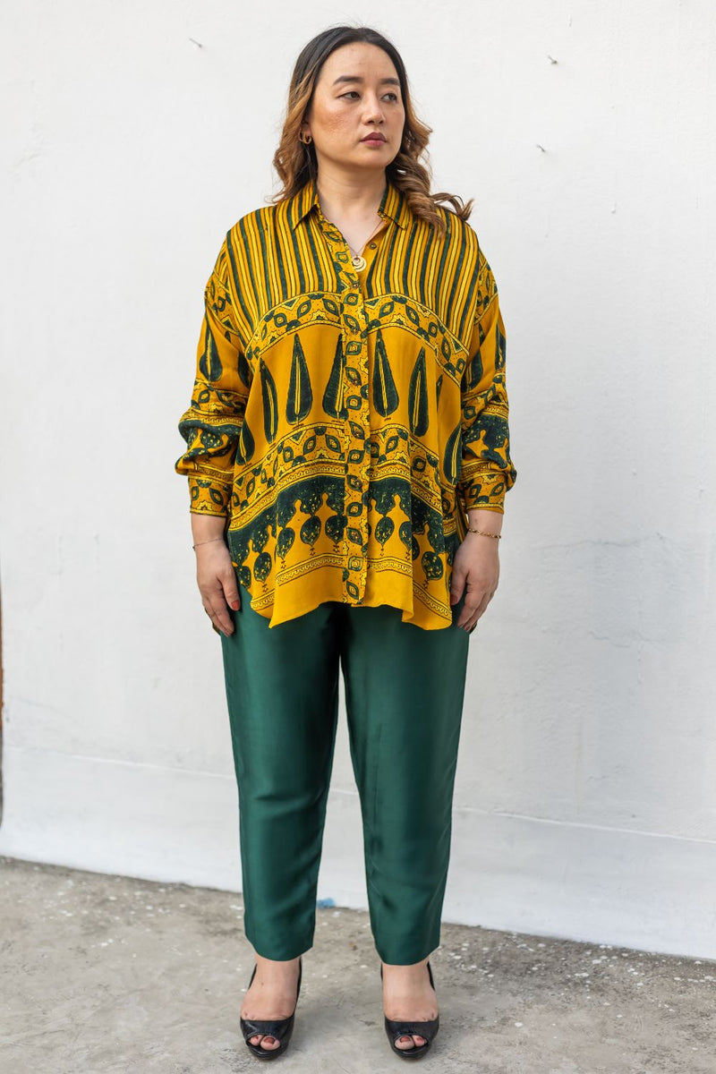 Hyde Yellow Hi-Low Shirt with Pants (AJMSHST) satin by PRAHNAAYA in yellow color for women Worldwide