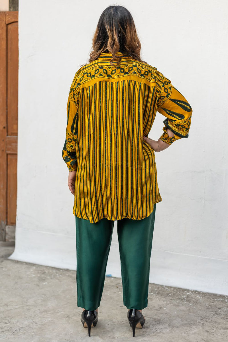 Hyde Yellow Hi-Low Shirt with Pants (AJMSHST) satin by PRAHNAAYA in yellow color for women Worldwide