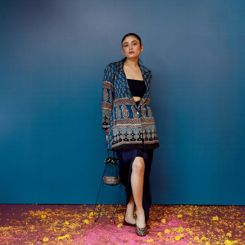 Baithak Blue Ajrak Blazer Set satin by PRAHNAAYA in red color for women Worldwide