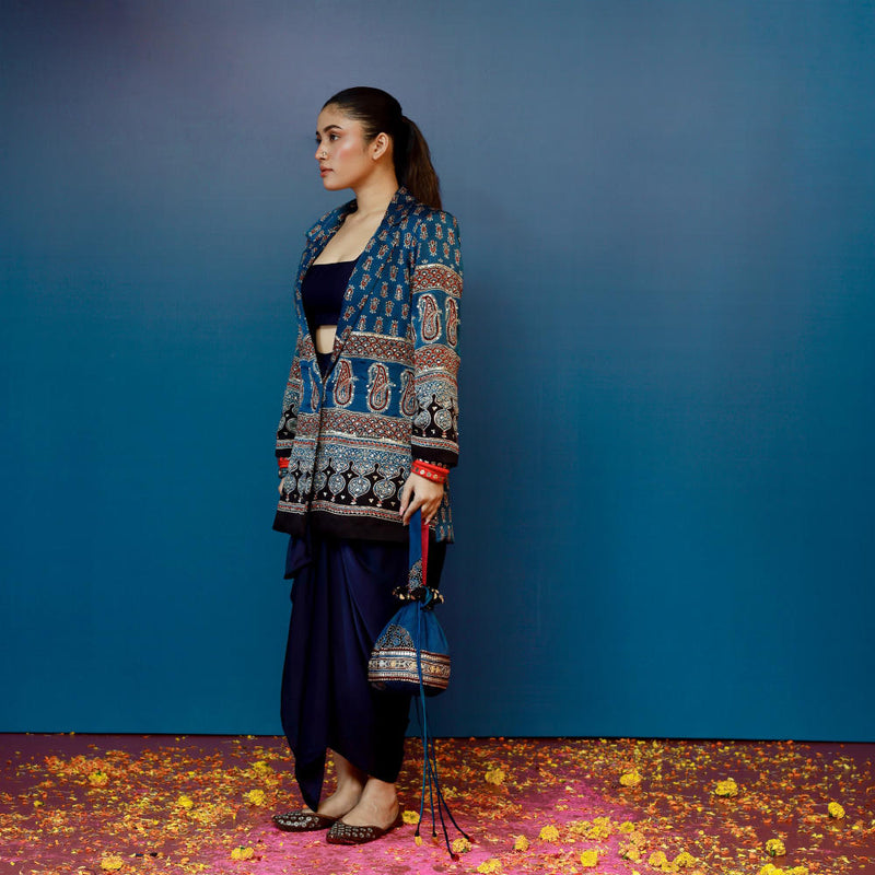 Baithak Blue Ajrak Blazer Set satin by PRAHNAAYA in red color for women Worldwide