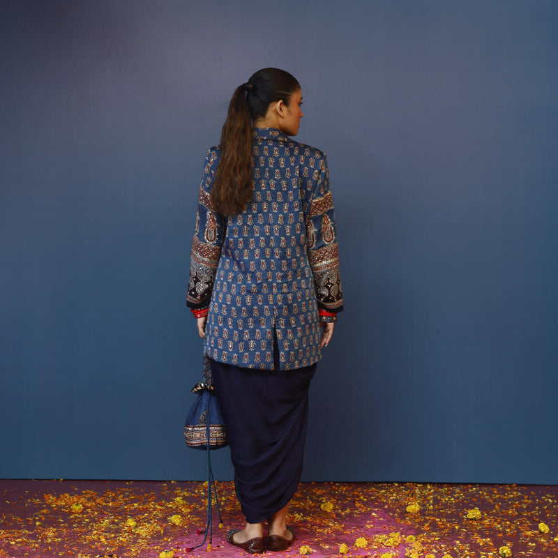 Baithak Blue Ajrak Blazer Set satin by PRAHNAAYA in red color for women Worldwide