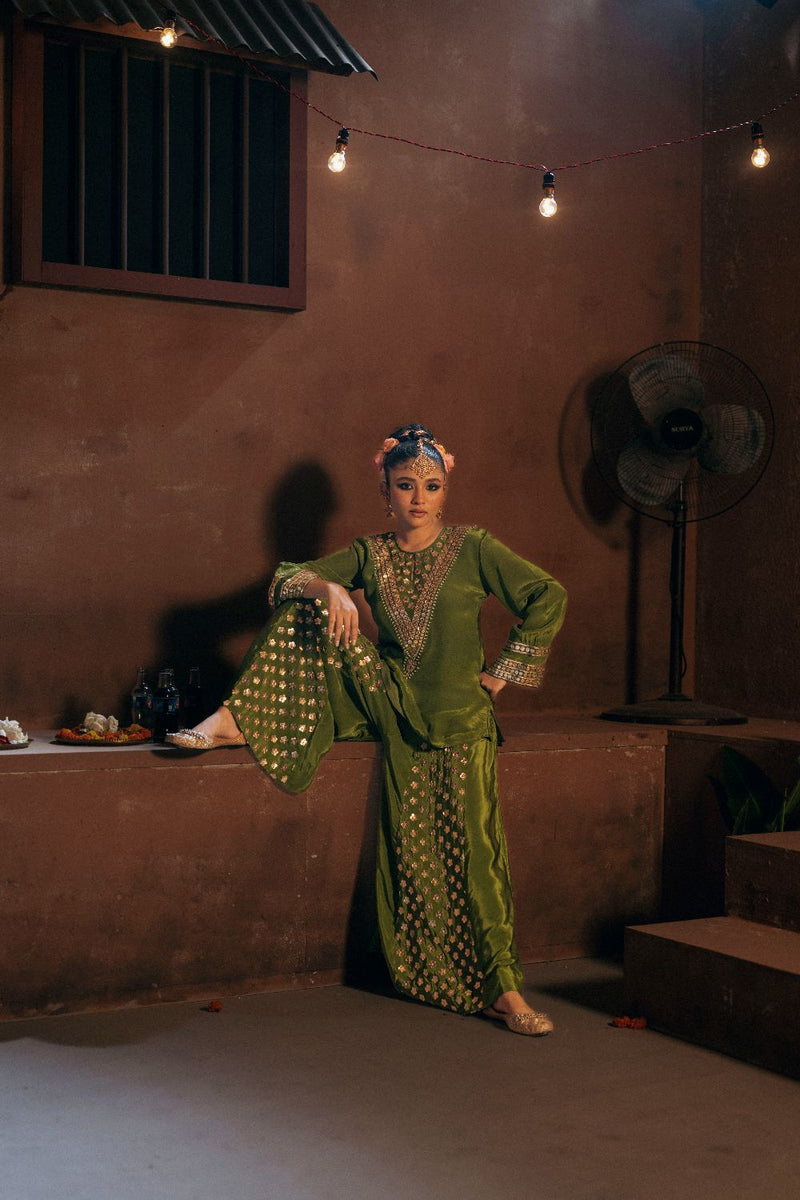 Sunira Short Top Sharara with Dupatta Set- Mehendi silk by PRAHNAAYA for women Worldwide