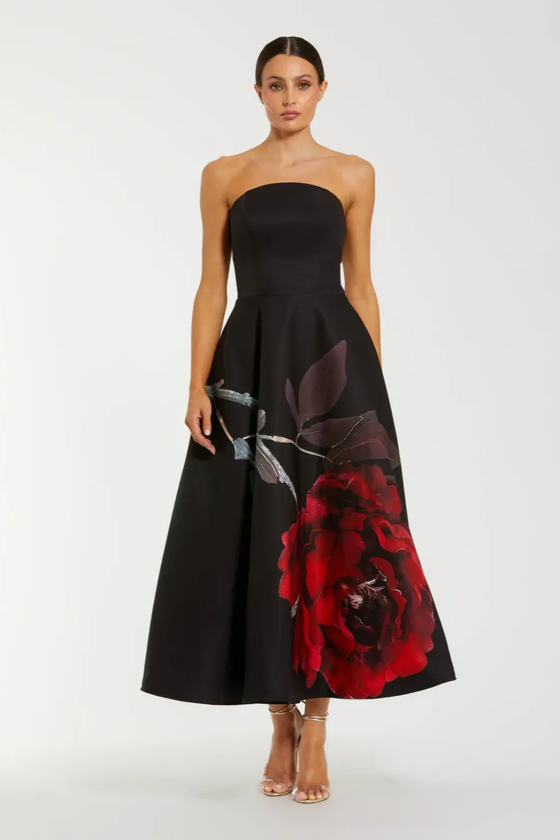 Black Crepe Printed Strapless Midi Dress With Pockets by Mac Duggal in black color for women Worldwide