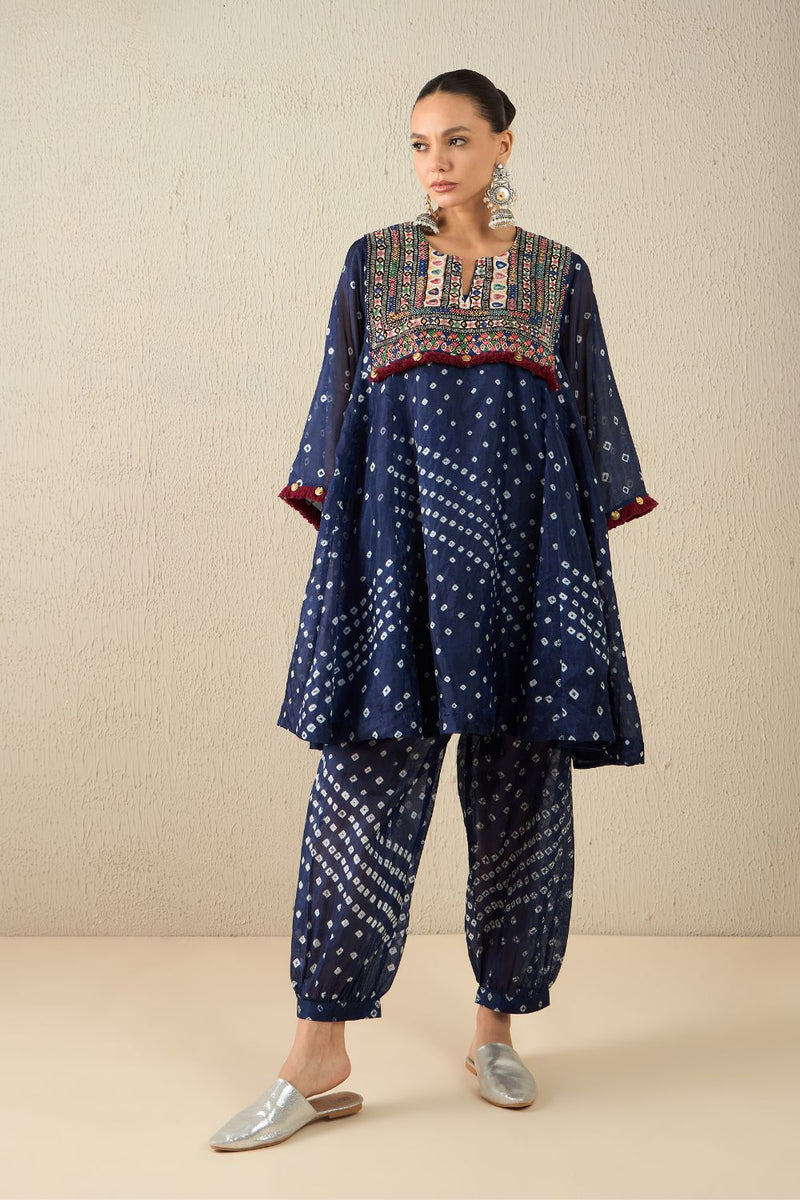 AFGHANI BANDHANI SET - Navy Blue silk by Aavidi in yellow color for women Worldwide