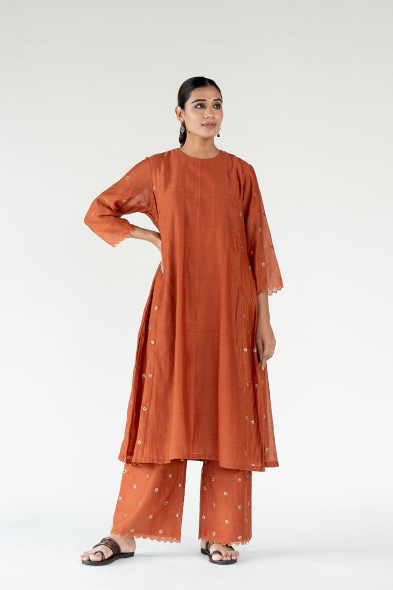 Fiza Kurta Set-Rust chanderi by Nirjara in rust color for women Worldwide