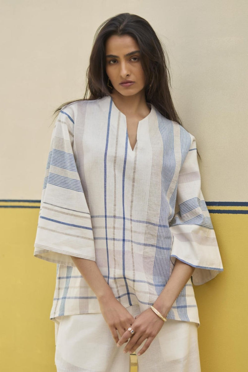 Kira Check Linen Top - Ivory by Manan in ivory color for women Worldwide