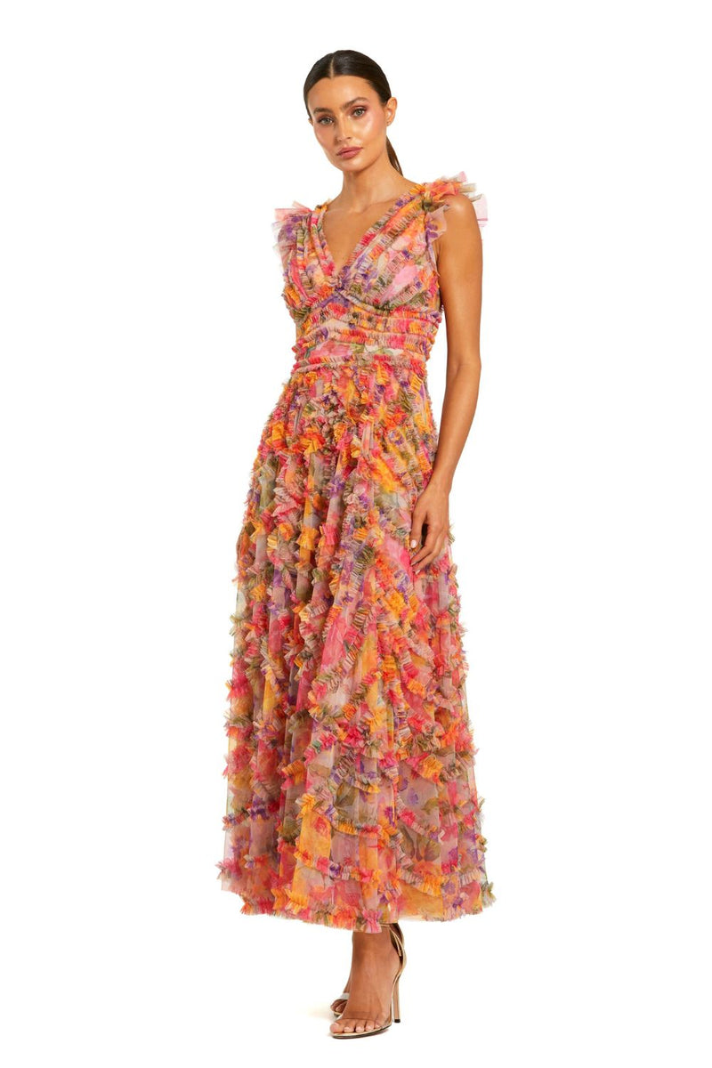 8303-Multicolor Floral V-neck Ruffle Maxi Dress mul by Mac Duggal in multi color for women Worldwide