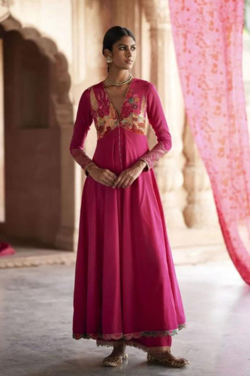 Nadira Hot Pink Silk Yoke Kurta Set silk by Rajiramniq in pink color for women Worldwide