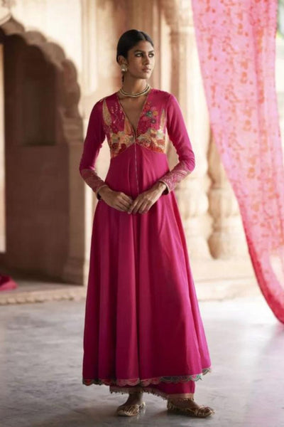 Nadira Hot Pink Silk Yoke Kurta Set