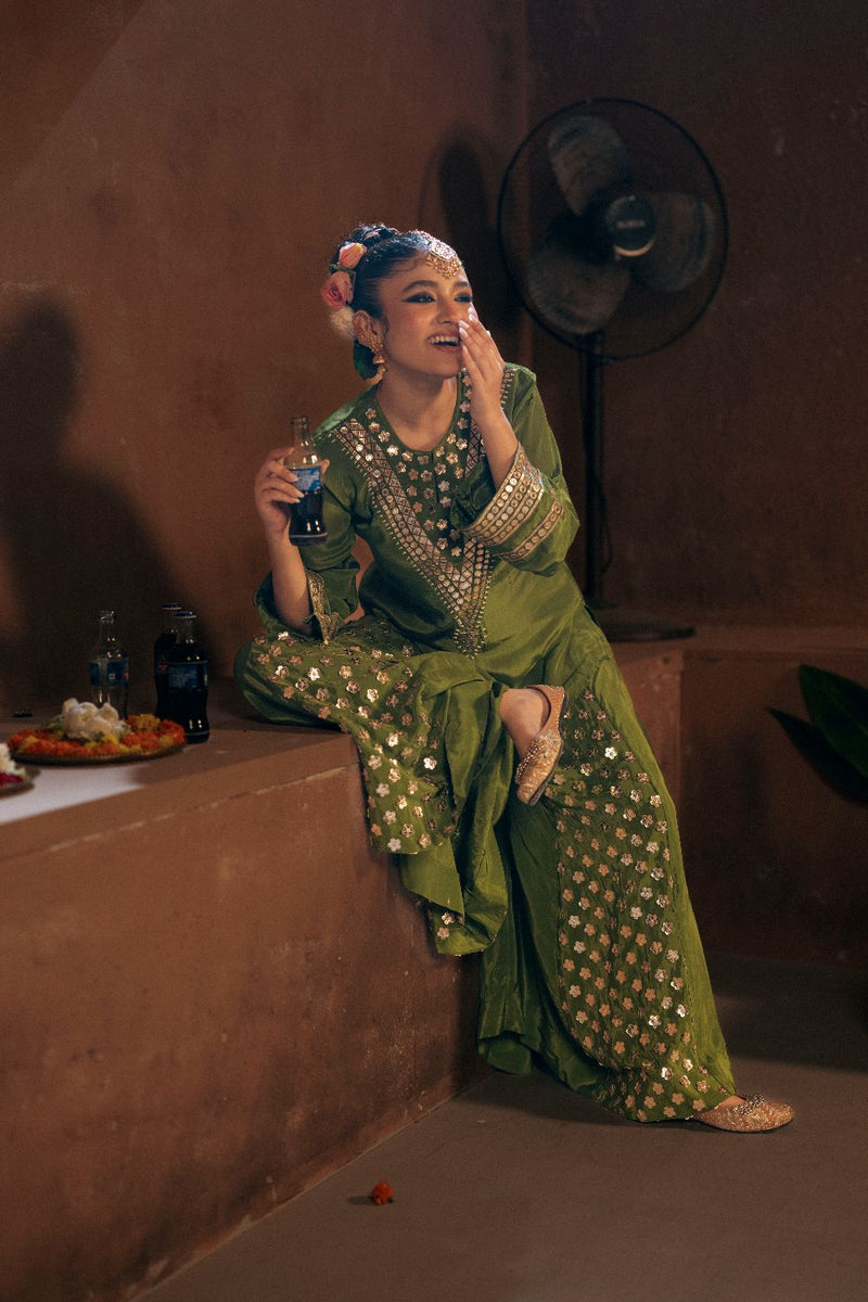 Sunira Short Top Sharara with Dupatta Set- Mehendi silk by PRAHNAAYA for women Worldwide