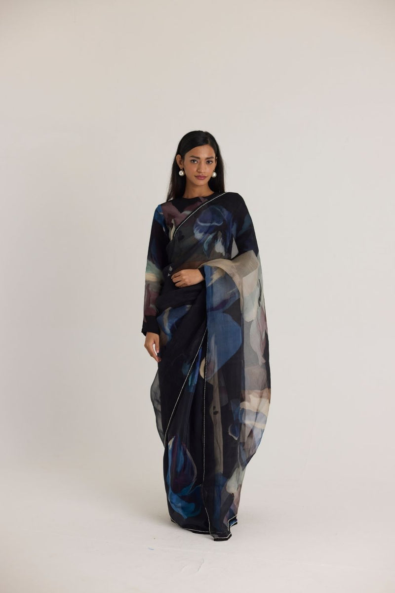 ROCCO HALF SILK & HALF ORGANZA SAREE organza by Yam in black color for women Worldwide