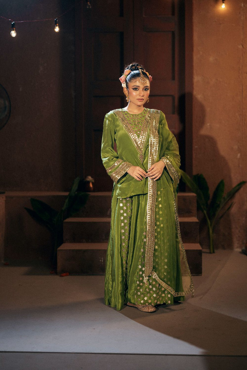 Sunira Short Top Sharara with Dupatta Set- Mehendi silk by PRAHNAAYA for women Worldwide