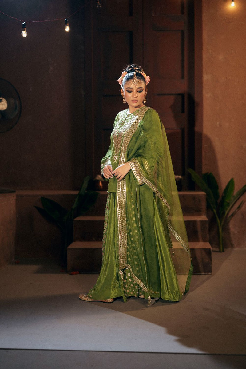 Sunira Short Top Sharara with Dupatta Set- Mehendi silk by PRAHNAAYA for women Worldwide