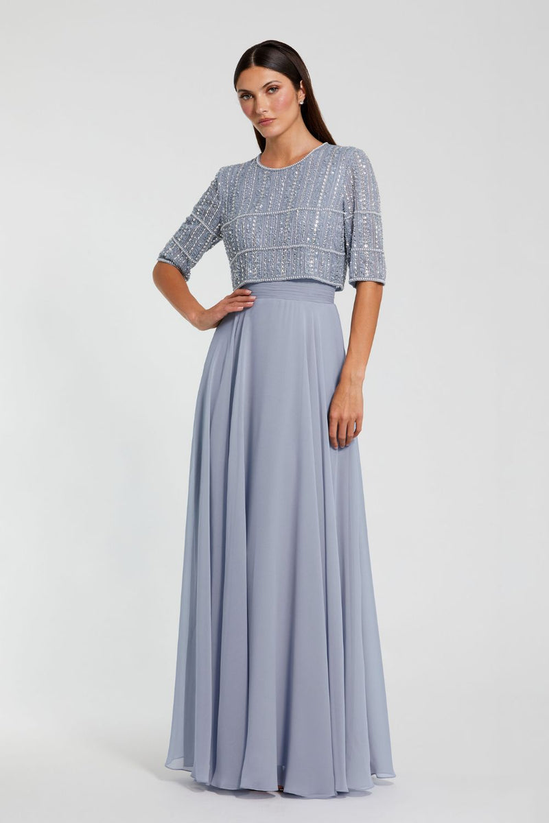 9180-Chiffon Gown w/ Fully Beaded 1/4 Sleeve Top by Mac Duggal in blue color for women Worldwide