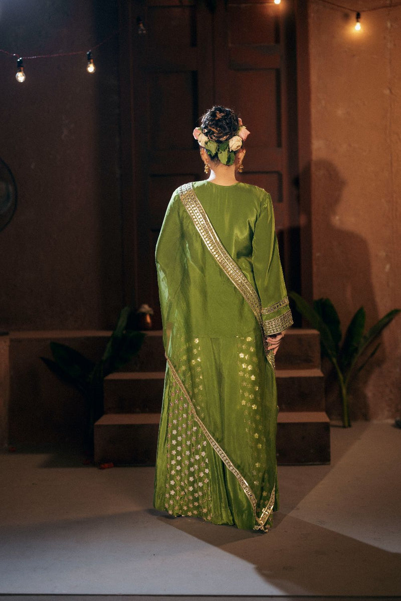Sunira Short Top Sharara with Dupatta Set- Mehendi silk by PRAHNAAYA for women Worldwide