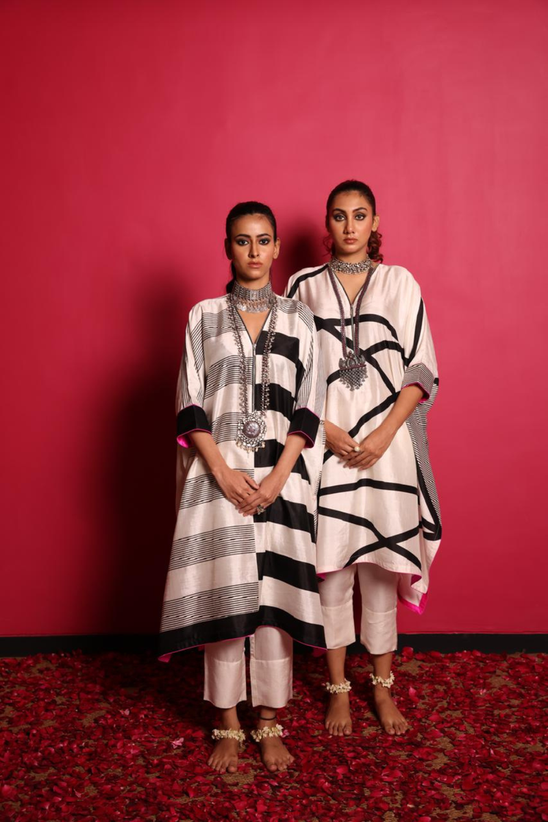 Black/White Silk Zipper Kurta & Pant Set-Geometric Print silk by Sabo by Sabina for women Worldwide
